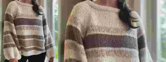 Pull rayé beige et taupe aux manches ballon (1)
